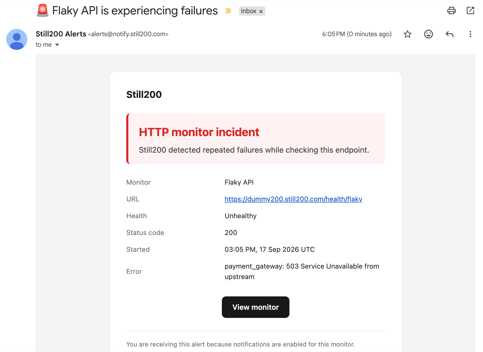 Still200 email alert: Flaky API returned 200 but is unhealthy because payment_gateway returned 503